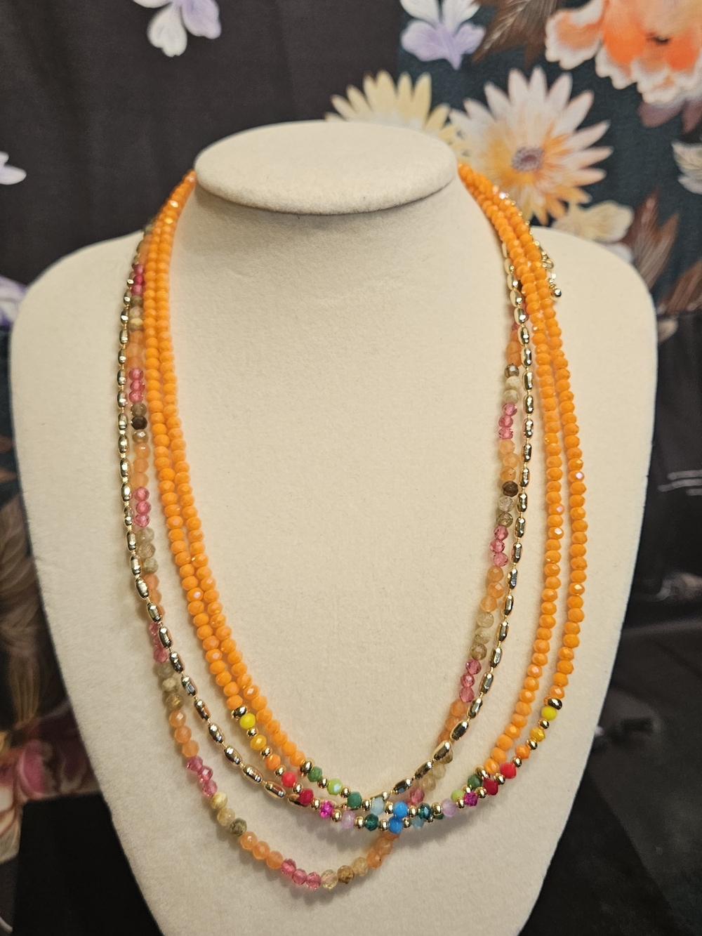 Orange and Pink 3 In One Multi-Strand Beaded Necklace